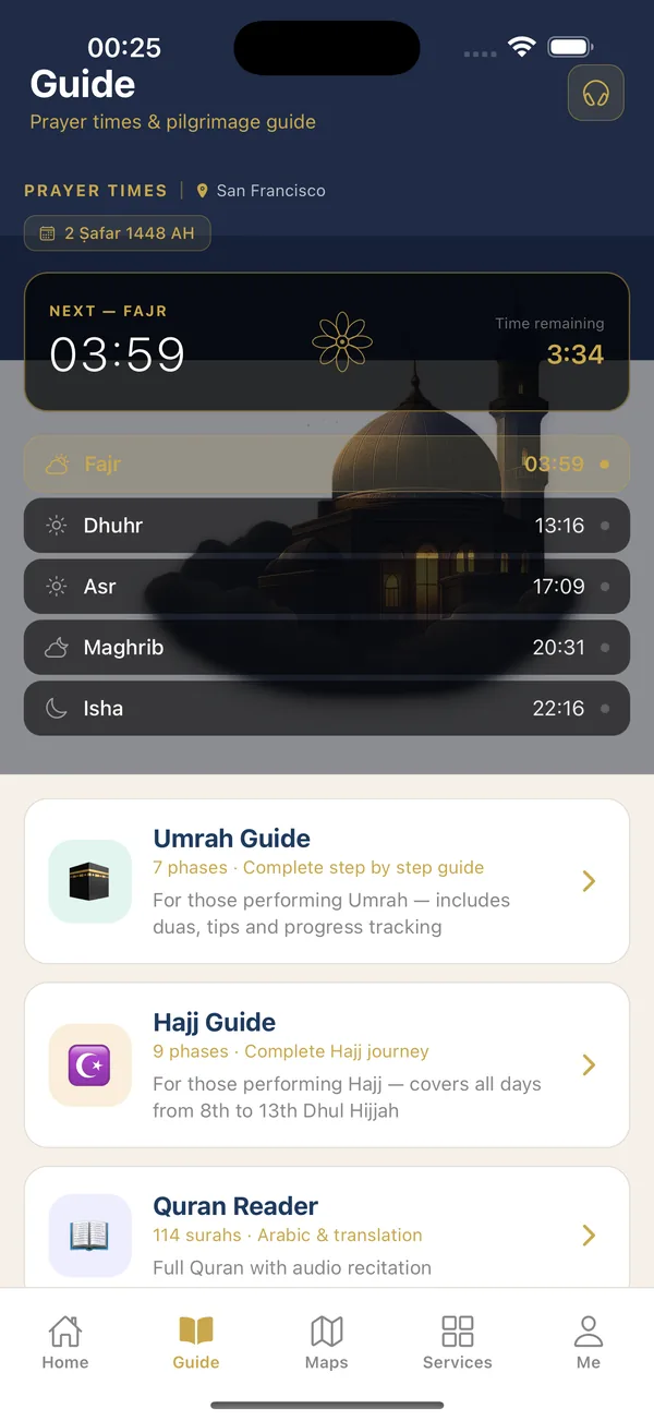 UmrahConnect guide with prayer times